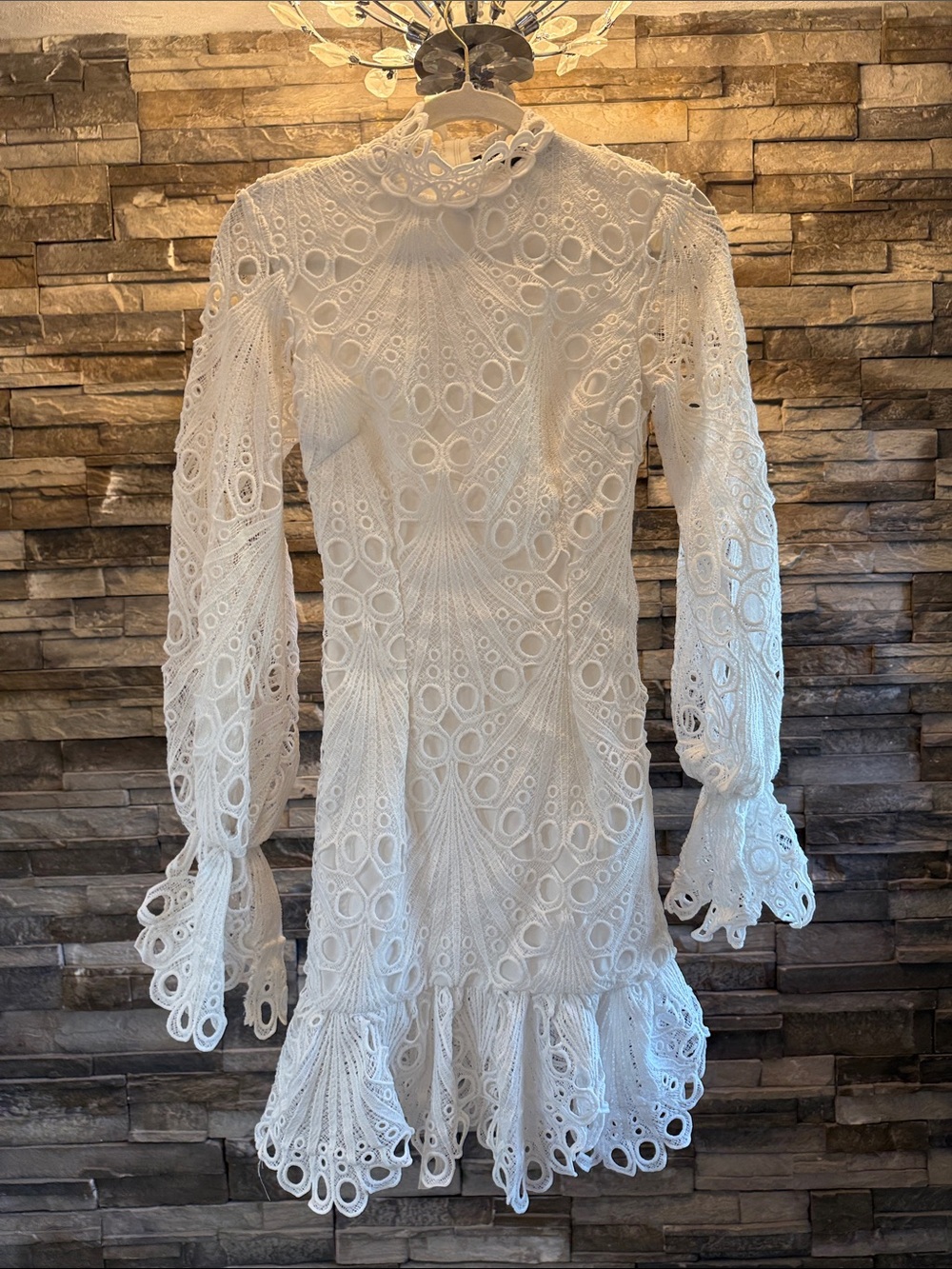 PrettyLittleThing White Lace Eyelet Long-Sleeve Mini Dress